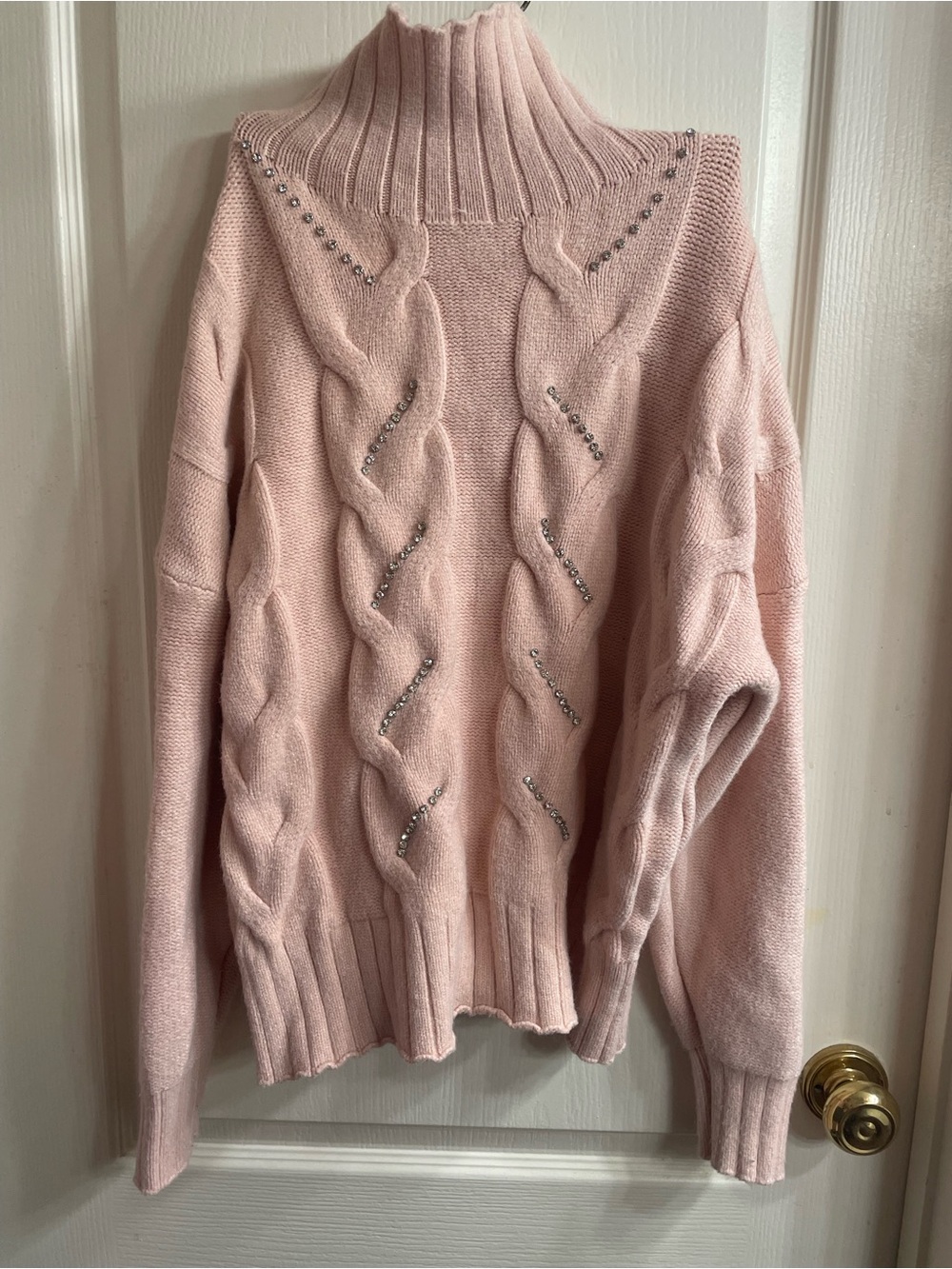On Twelfth Women Medium Pink Turtleneck Cable Knit Sweater with Rhinestones Cute